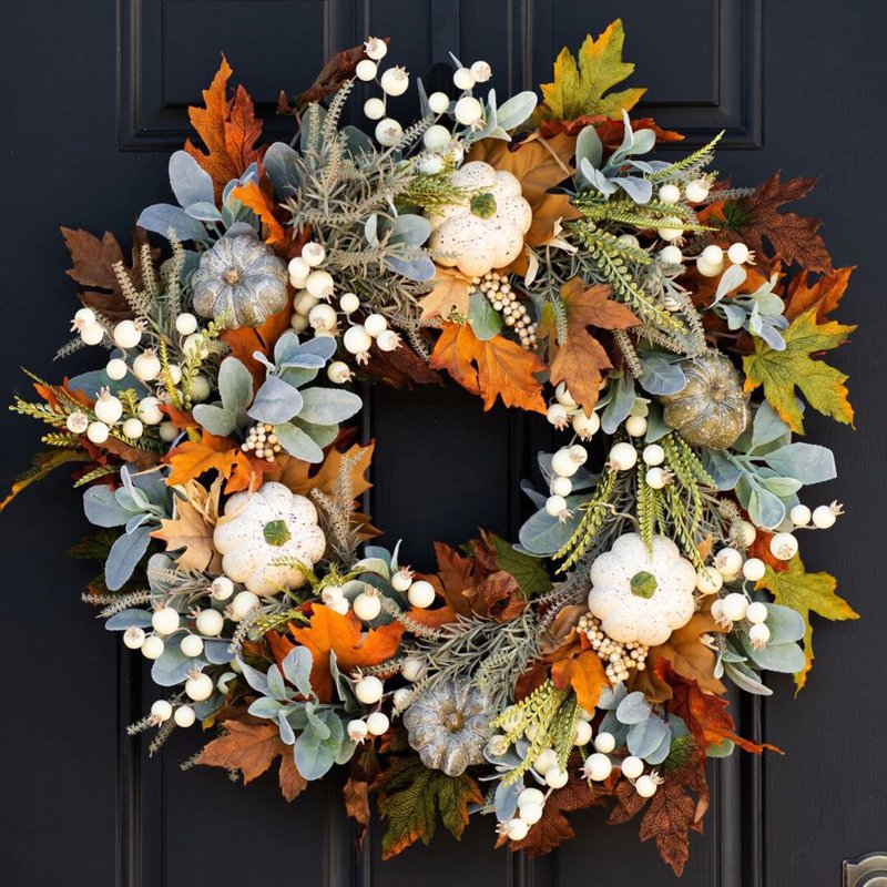 Thanksgiving Wreath for Front Door C-9 Fall Door Decor Maple Leaf Berries Halloween Festival