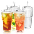 YupURStyle Premium Thick Glass Cups Set of 4 with Lids & Straws, 20oz Leak-Proof Vintage Tumblers for Bubble Tea Iced Coffee, BPA-Free Ribbed Drinking Glassware (20oz Ribbed 4Packs)