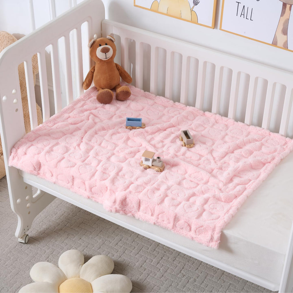Skiennix Baby Blankets - Cozy Fleece Heart Checkered Crib Blankets for Girls | 30x40 Light Pink
