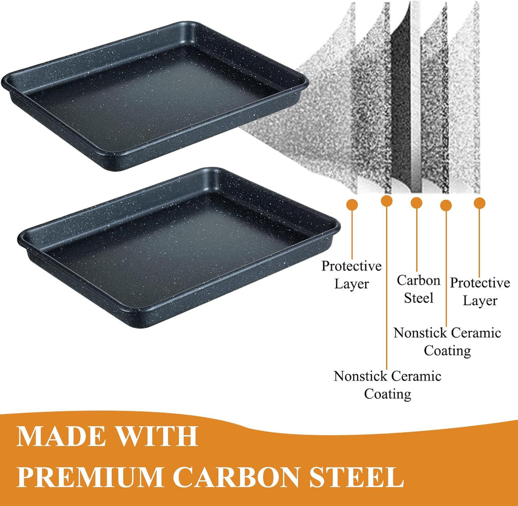 Walooza Nonstick Baking Sheets Set of 2 - Heavy Duty Carbon Steel Cookie Trays | Easy Clean 11x9 Inch