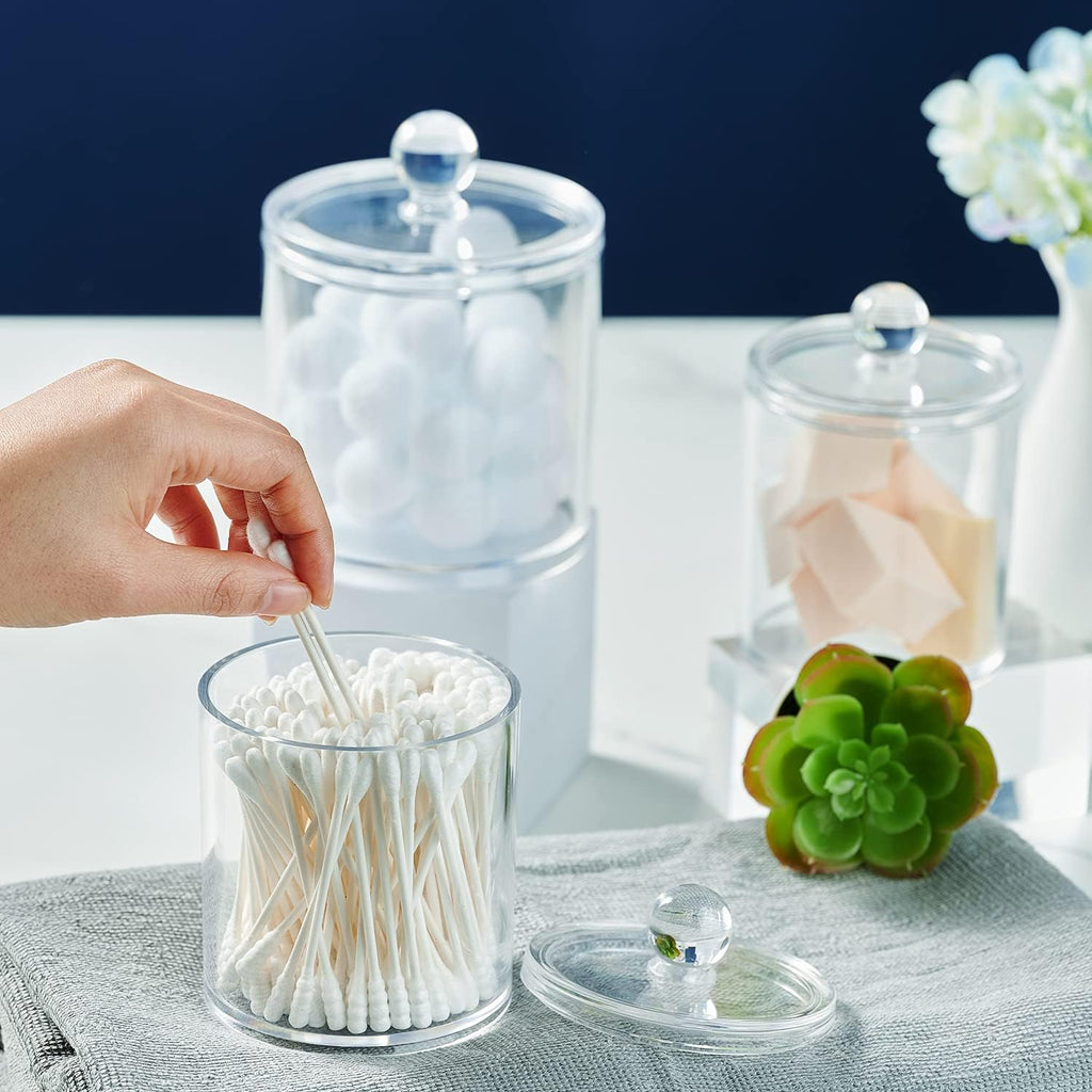 SheeChung Clear Acrylic Qtip Holder - Shatterproof Bathroom Organizer Jars | Minimalist Cotton Swab Canisters