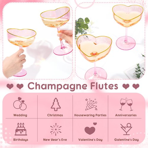 Didaey 2 Pack Wedding Heart Shaped Champagne Flutes Pink Coupe Martini Glasses Cocktail Toasting Glasses Wine Cups with Gold Rim for Bridal Shower Celebrations Girl Birthday Party Supplies(Classic)