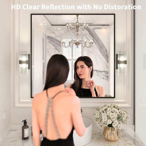 LOAAO Black Rectangle Bathroom Mirror - 36"x36" Matte Black Aluminum Frame, Tempered Glass, Versatile Hanging Options