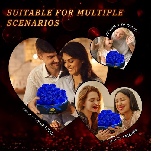 Vryblos Forever Blue Roses in a Box Heart Shaped 16 Preserved Flowers for Delivery Grade A Quality 100% Real Immortal Flower Eternal Birthday for Her Mom Women Wife Girlfriends (Heart-Blue)