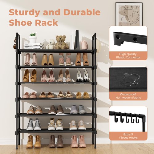 LANTEFUL 6 Tier Shoe Rack for Closet Shoe Organizer with 5 Hooks, Long Shoe Shelf Storage for Shoe and Boot Stackable Free Standing Shoe Rack for Entryway, Garage, Small Spaces, Dorm, Black