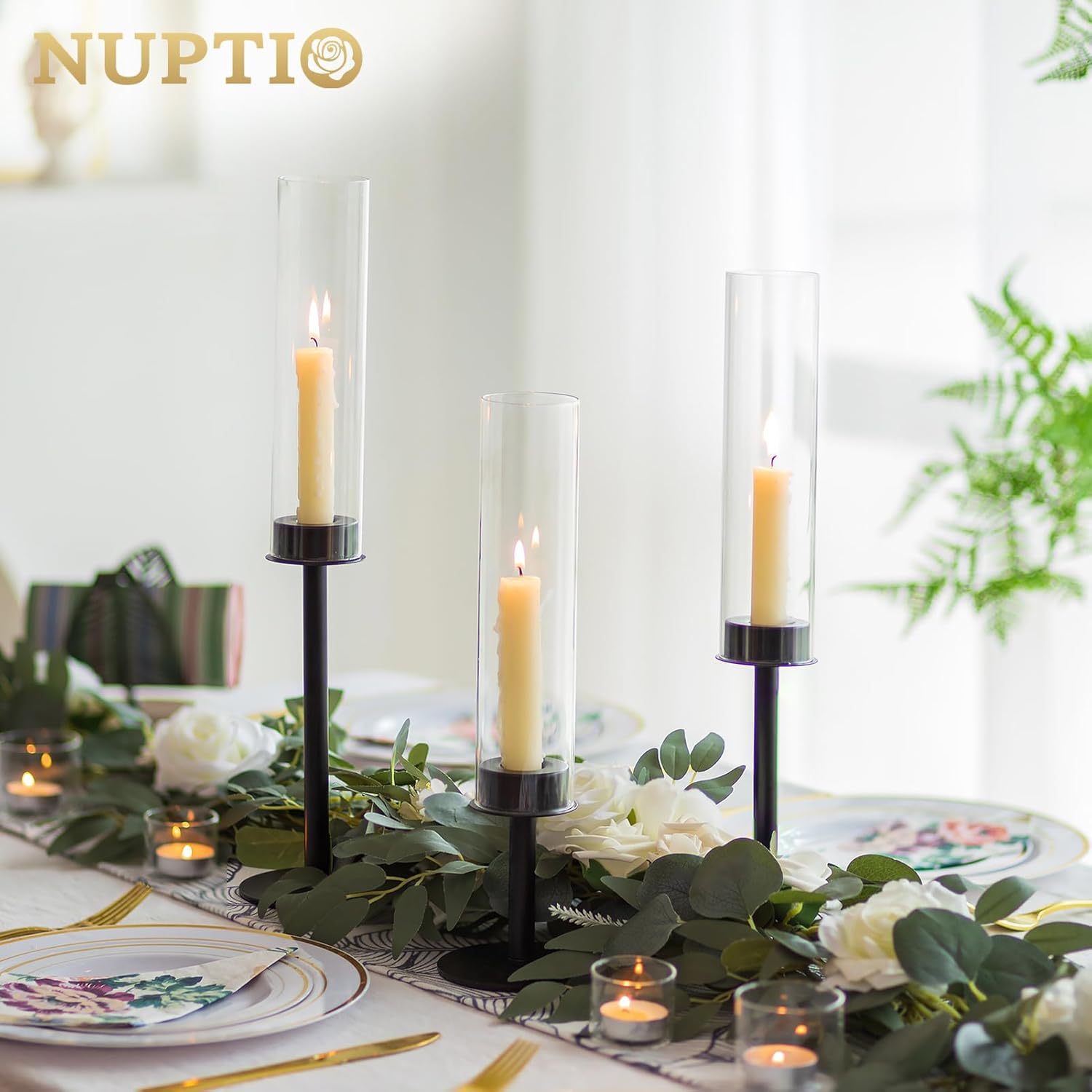NUPTIO Black Candlestick Holders - Set of 3 Hurricane Taper Holders with Windproof Glass Cover for Elegant Table Decor