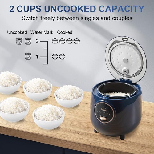 Bear Mini Rice Cooker - 2 Cups Uncooked | Portable Non-Stick Travel Cooker, BPA Free, Blue