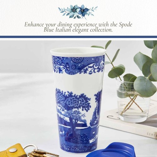 Spode Blue Italian Travel Mug | 12-Ounce Capacity | Made of Porcelain | Travel Tumbler for Coffee and Tea | Hot Water Cup | Dishwasher and Microwave Safe