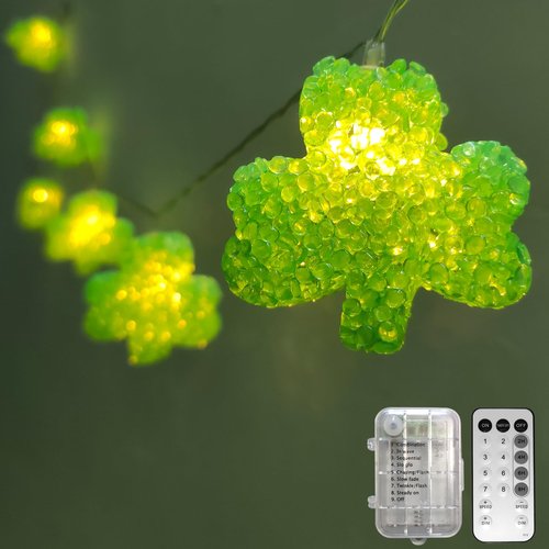 St Patricks Day Lights 6.8Ft Green Shamrock String Lights 10 LED Shatterproof Lucky Clover Light Battery Operated with Remote Timer, St Patricks Shamrock Light Indoor for Party Home Irish Decor