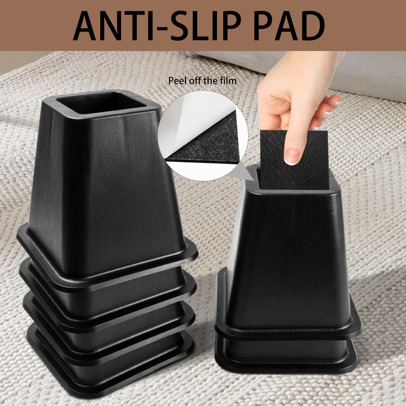 Seuqhck 6 Pack Bed Furniture Risers, 6 Inch Quality Plastic Couch Lift Risers Stackable Black Bed Legs for Sofa, Chair, Cabinet, Desk, Supports up to 2200 Lbs per Leg