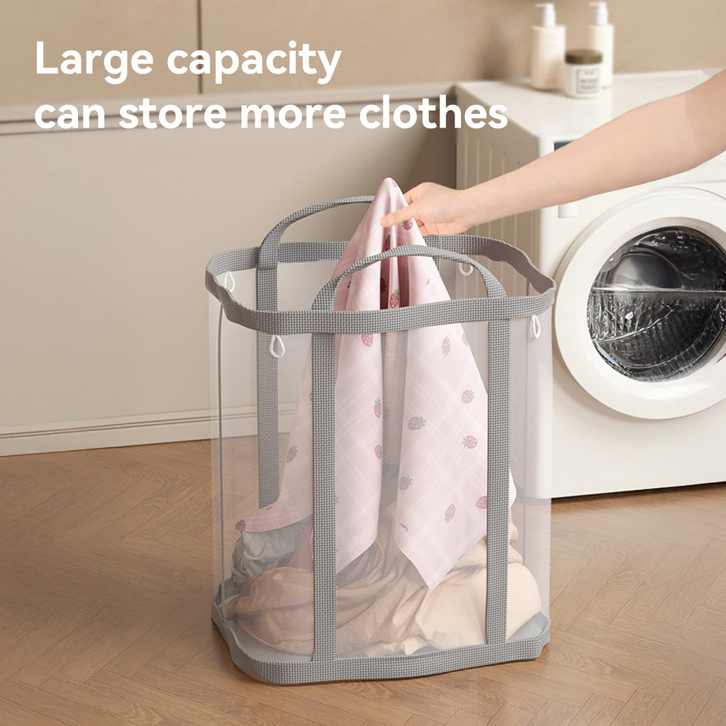 Portable Laundry Hamper (11 Gallon), Mesh Laundry Tote with 4 Hanging Cords&Sturdy Handles, Foldable Large Capacity Laundry Basket for Bathroom, Dorm, Bedroom or Travel