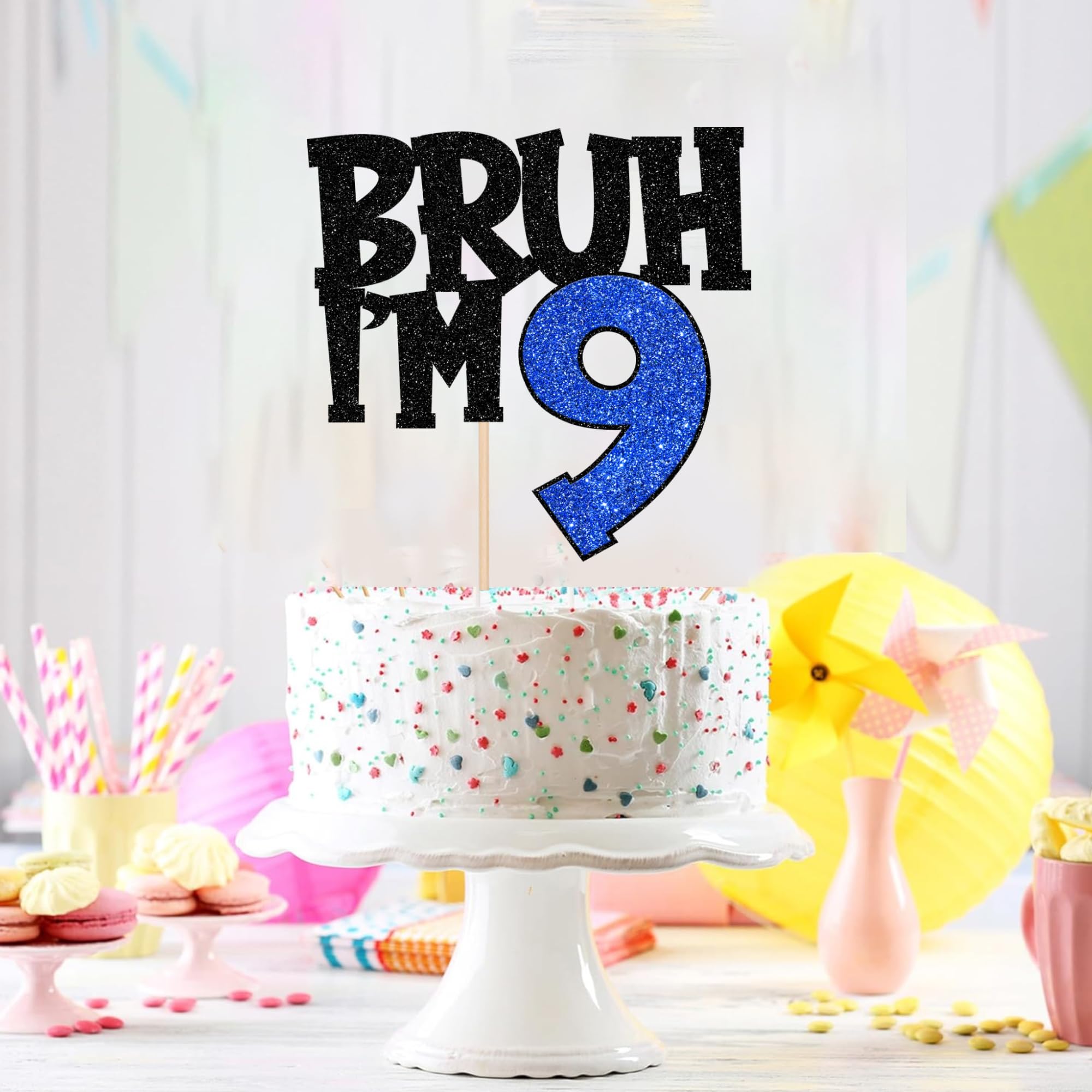 1 PCS Bruh I'm 9 Cake Topper Glitter Happy 9th Birthday Cake Pick Bro I'm 9 Cake Decoration It's My 9th Birthday Decorations for Cheers to 9 Years Old Birthday Anniversary Party Supplies Blue