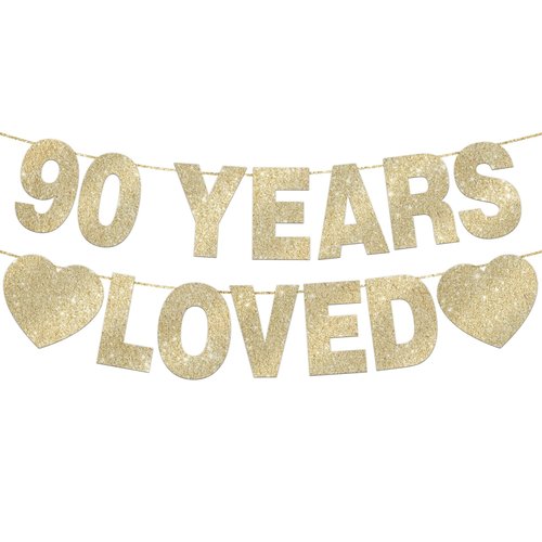 90 Years Loved Banner for 90th Birthday Decorations for Men Women Pre-Strung 90th Birthday Banner 90th Party Decorations Gold Glitter