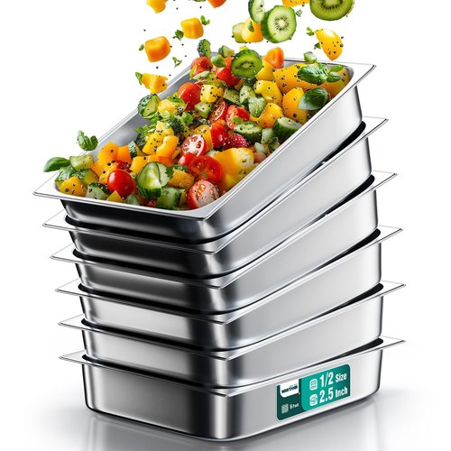WantJoin Steam Table Hotel Pans 1/2 Half Size 2.5 Inch Deep 6 Pack, Stainless Steel Metal Tray Sets Food Storage Container for Restaurant Chafing Dishes Commercial Buffet Warmer Catering Supplies