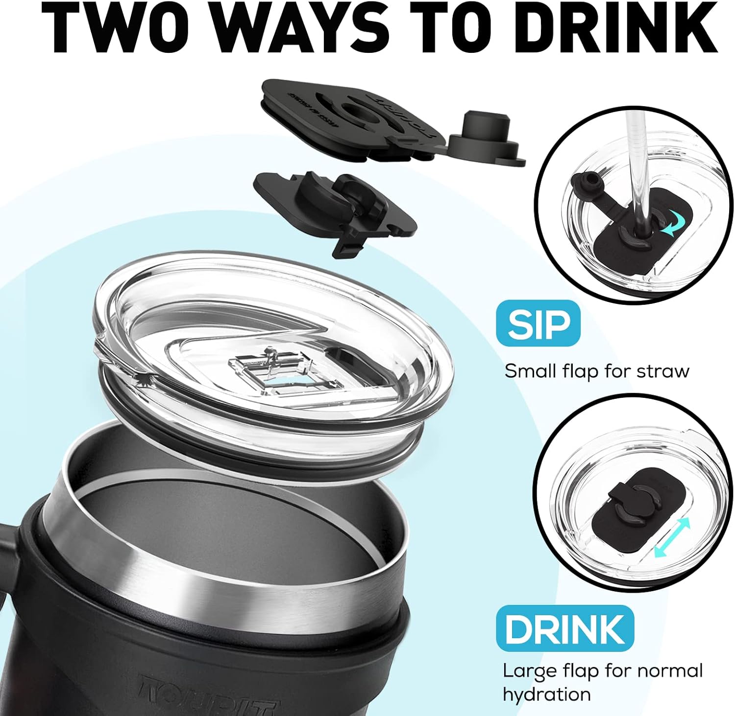 TOURIT 40 oz Insulated Tumbler - Handle & Straw | Keeps Drinks Cold for 34H or Hot for 10H - Black