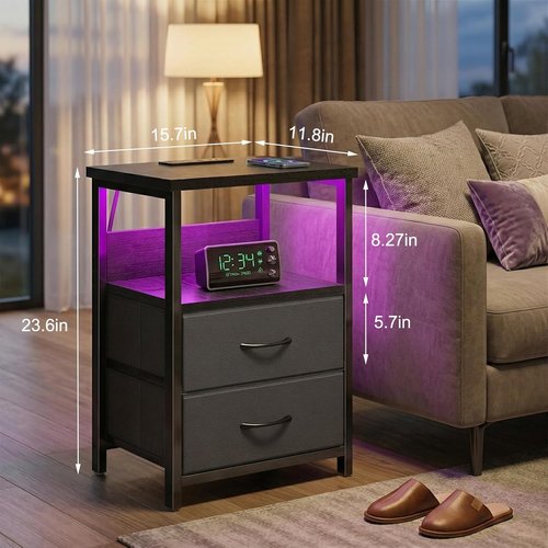Fixwal Night Stand - LED Nightstand with Charging Station & USB Ports, Modern Black with 2 Fabric Drawers