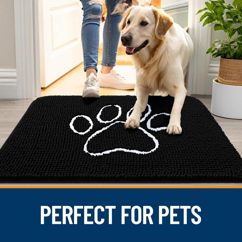 OLANLY Dog Door Mat - Absorbent Non-Slip Mud Mat for Paws | 47x24 Black Chenille Design