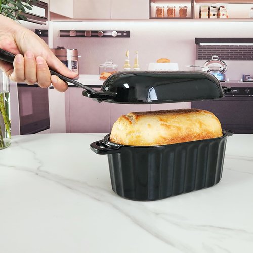 FANQIEW Dutch Oven Enameled Cast Iron Bread Pan with Lid Sourdough Loaf Pans for Baking Bread Large Heavy Oval Bread Dutch Oven with Movable Handle 4 Qt Black Dishwasher Safe