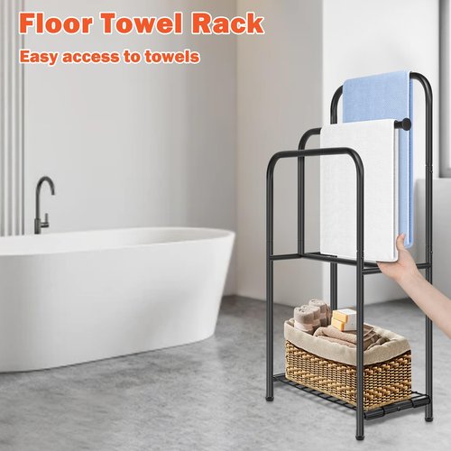 HarJue Towel Racks for Bathroom, 35" H Standing Towel Holder 3 Tier Metal Pool Towel Hanger Outdoor Floor with Storage Shelves for Blanket Bath Towel Drying (Matte Black)