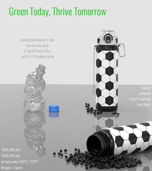 MYFOREST 32oz/1L Sport Water Bottle, Light Tritan, Quick-Open Chug Lid/Straw 2-in-1, Leak-Proof, Dishwasher-Safe, BPA-Free, Drop-Resist & Scratch-Resist for Travel/Gym/Office/Fan Gift (Soccer)