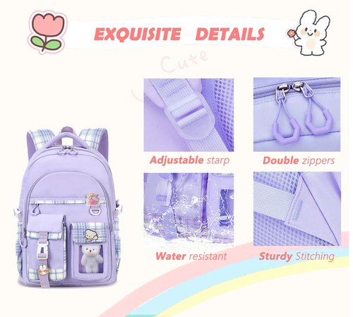 PRLINJSK Girls Backpack，Cute School Backpack for Girls Kids Teens，Kawaii Bookbag for Primary Elementary，Purple