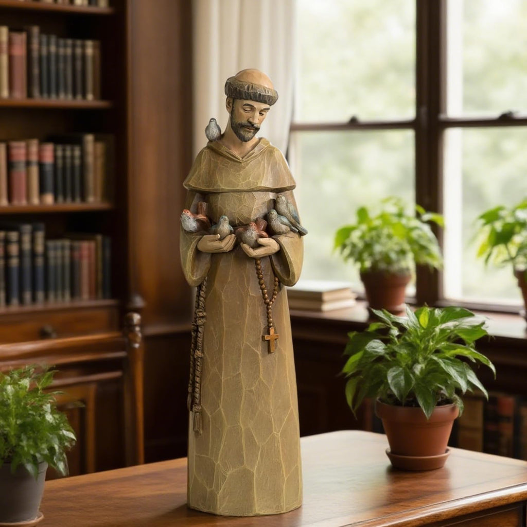 St. Francis Statue - 12-Inch Premium Resin Sculpture with Wood Carving Texture | Patron Saint of Animals & Nature