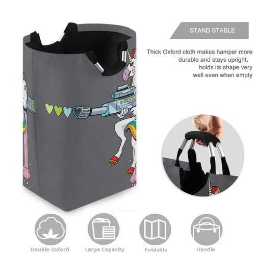 visesunny Large Capacity Laundry Hamper Basket Funny Unicorn Soldier Shooting Hearts With Love Gun Cartoon Water-Resistant Oxford Cloth Storage Baskets for Bedroom, Bathroom, Dorm, Kids Room