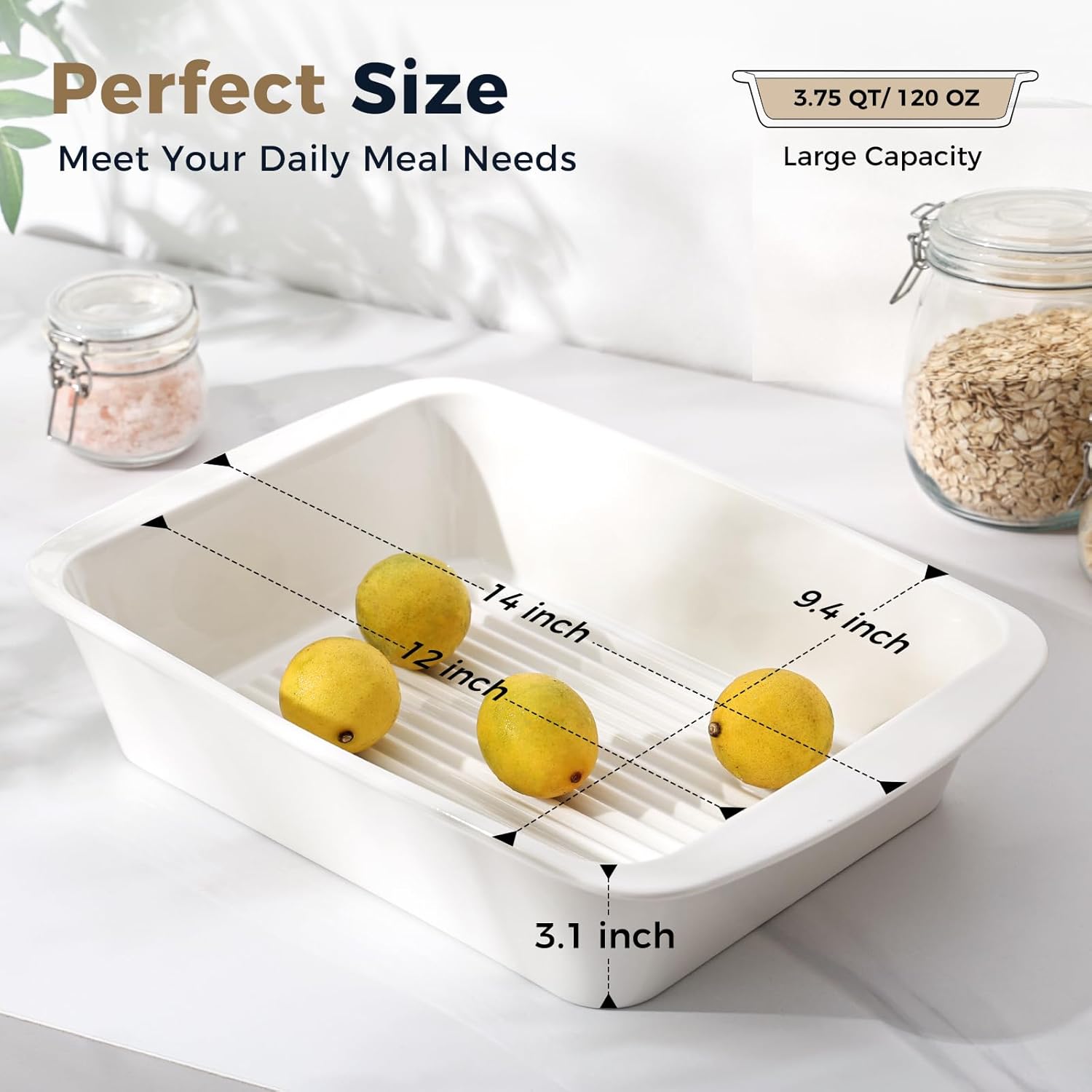 Regine Switzerland 9x13 Baking Dish Set of 2 - Porcelain Casserole Dish with Handles | Deep 3.75 Qt Bakeware, Microwave & Dishwasher Safe, White
