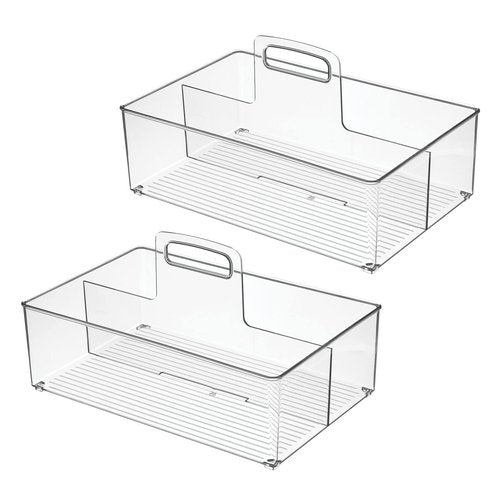 mDesign Large Plastic Divided Portable Storage Organizer Caddy Tote Basket Bin with Handle for Kitchen, Pantry, Countertop, Cabinet, Cupboard - Ligne Collection - 2 Pack - Clear