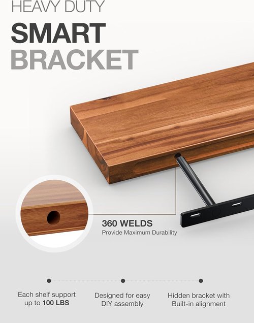 BATODA 17" Acacia Wood Floating Shelves - Rustic Wall-Mounted Storage for Bedroom & Kitchen | Includes Brackets
