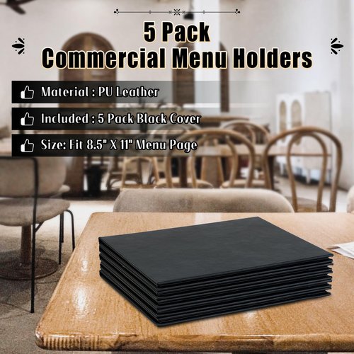 FLKQC Restaurant Menu Covers Holders 8.5" X 11" | Pack of 5 Synthetic Leather 6 View Menu Holder Covers Book Style with Angled Corners Black for Wine List (5, 6 View (8.5" x 11"))