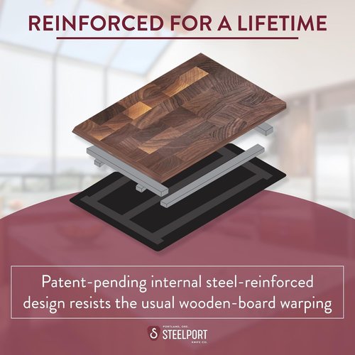 STEELPORT Mini Cutting Board 9"x6" - Steel Reinforced, Utlra-thin Butcher Block | Dual Sided - End-grain Walnut Wood, Composite Side | Chopping Board with Juice Groove | USA Made for Home, Chefs