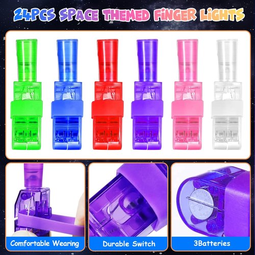 24PCS Party Favors LED Finger Lights, Glow in the Dark Light Up Toys Gifts Bulk for Kids Boy Girl Birthday Goodie Bags Stuffers Party Decorations Back to School Party Classroom Prizes (space)