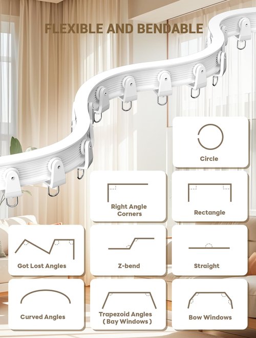 MERDTTES Flexible Bendable Ceiling Curtain Track, 9.8 FT (3 m), Mount for Rail with sliding Curtain Track System, Curtain Track Ceiling Mount, Room Divider for RV, Bathroom, Ceiling Curtain Rod, White
