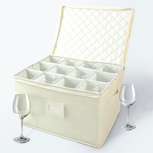storageLAB Wine Glass Storage Containers, Hard Shell Organizer for Stemware and Glassware Sets, Stackable Wine Glass Storage Box with Dividers for Kitchen and Moving Supplies - 1 Pack, Cream