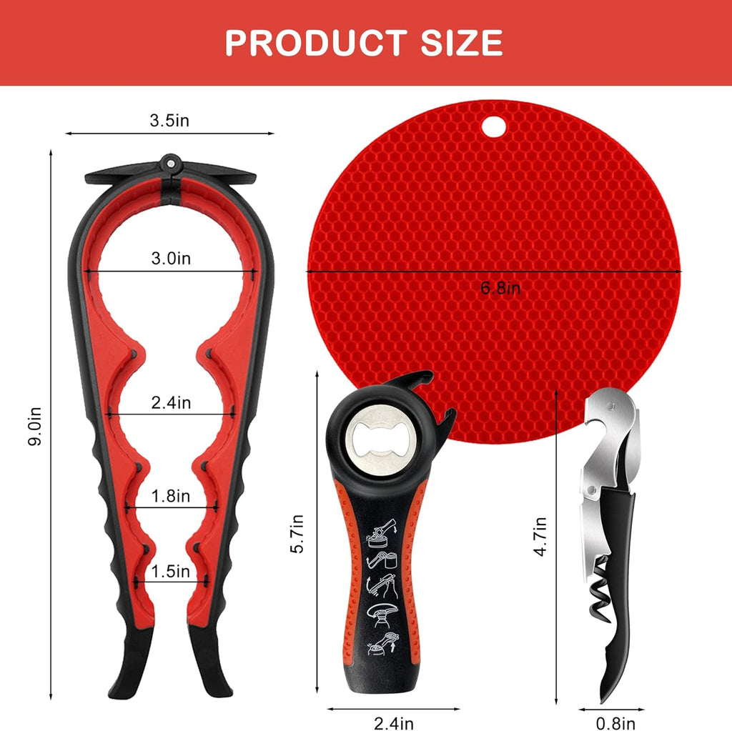 Skiennix Jar Opener - 5-in-1 Multi-Function Tool for Weak Hands & Arthritis | Non-Slip Grip, Red