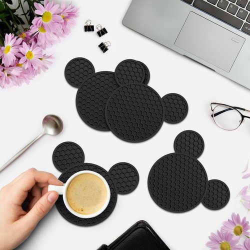 Mouse Ears Silicone Coasters Non-Slip Black Coasters for Hot or Cold Drinks, Beer, Coffee, Anti-Overflow Tabletop Protection Christmas Birthday Wedding Housewarming Home Decor Gifts