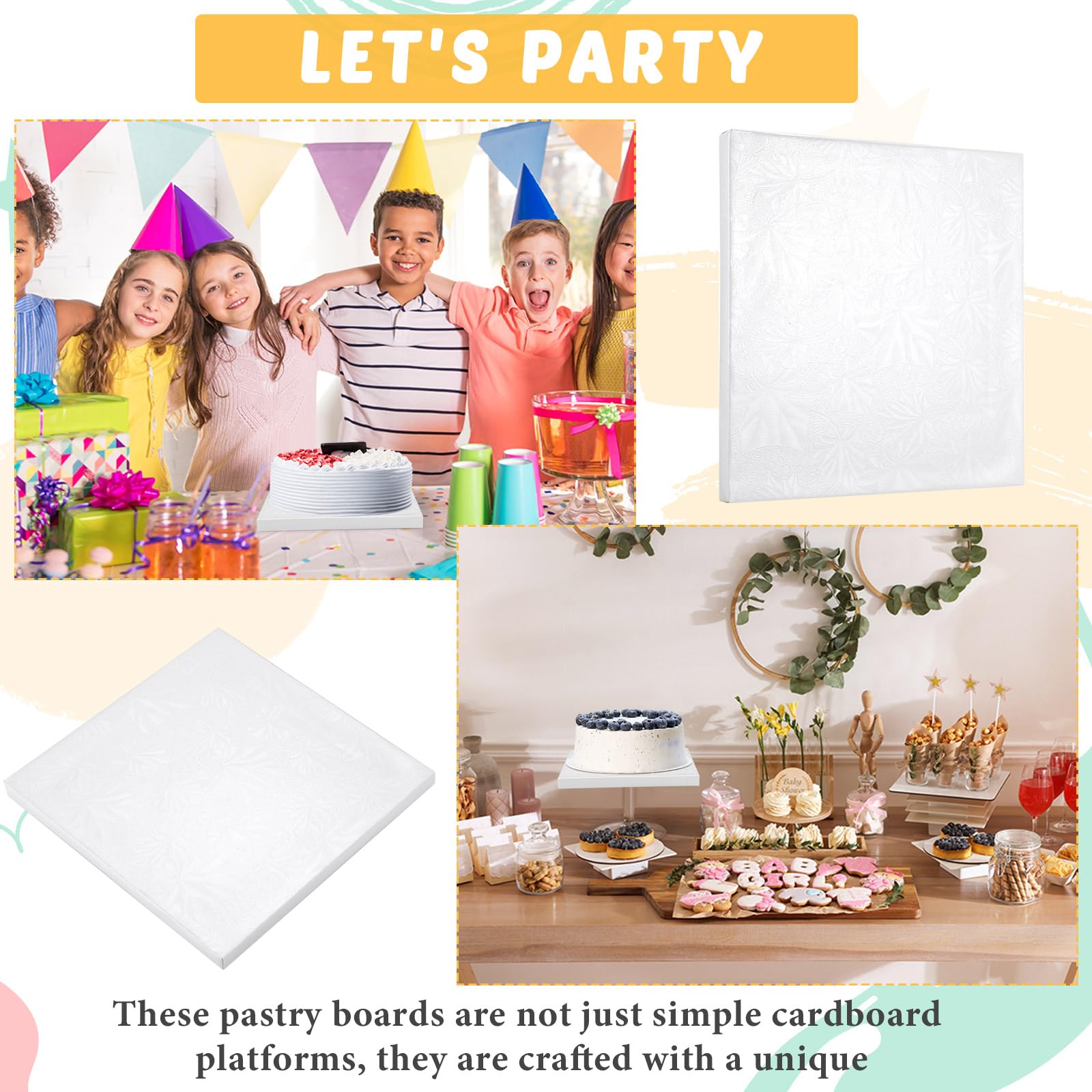 Baderke 12 Pcs White Square Cake Drums Assorted Size 6/8/10/12 Inch, 1/2 Inch Thick Square Cake Board Drum Fully Wrapped Foil for Christmas Baking Desserts Pastries, White Leaf Style