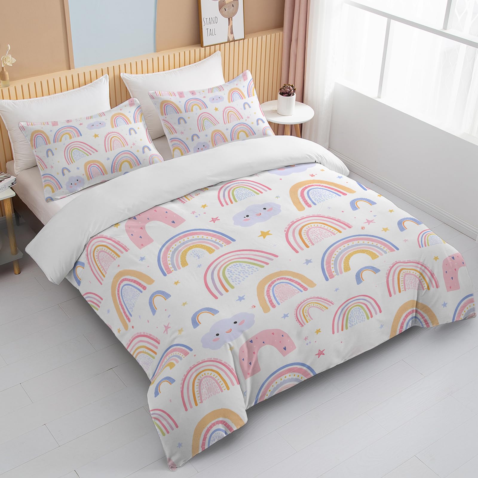 BEDMUST Rainbow Full Duvet Cover Set for Girls Pink and Yellow Rainbow Star Duvet Cover 3 Piece with 2 Pillow Shams(1 Duvet Cover and 2 Pillow Shams)
