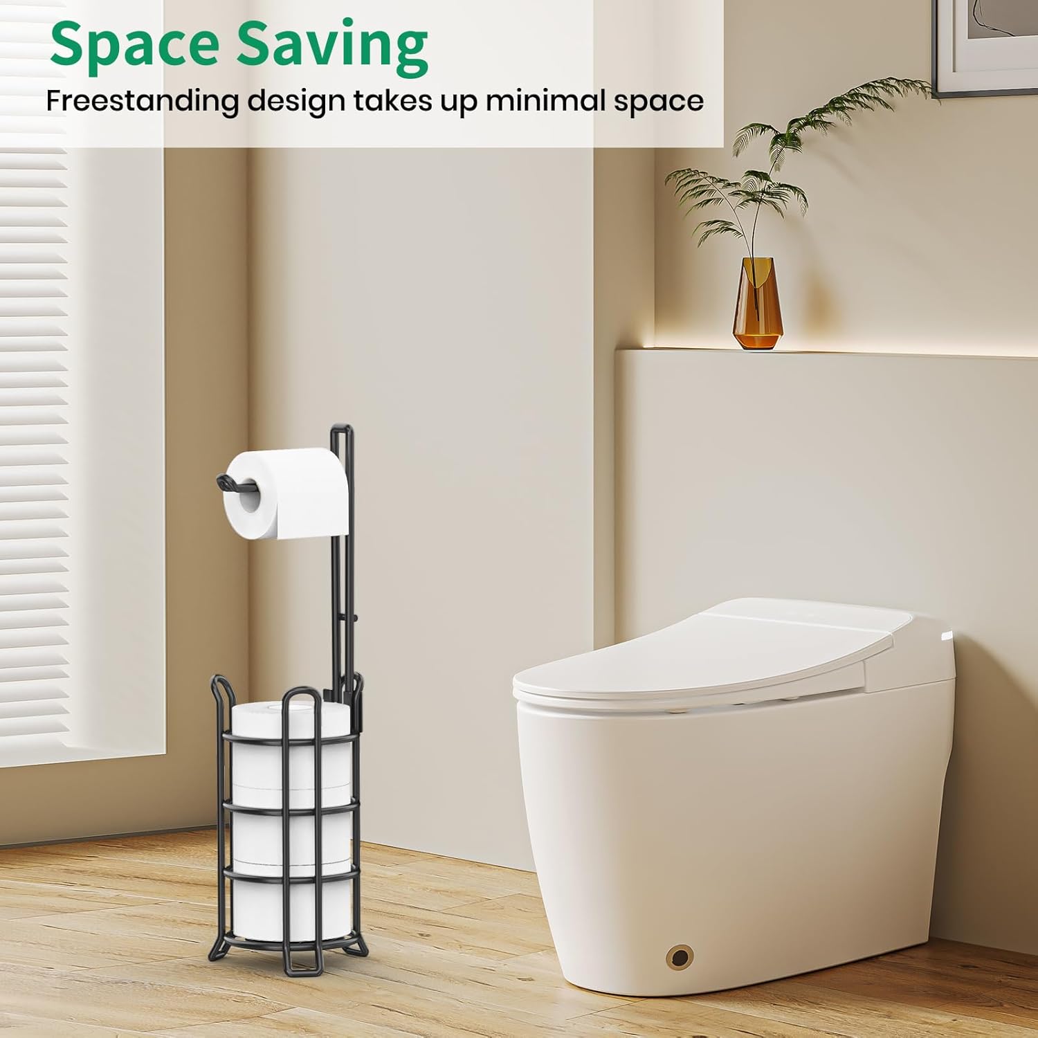 TomCare Toilet Paper Holder - Free-Standing Metal Wire Dispenser for 3 Spare Rolls | Black Bathroom Organizer