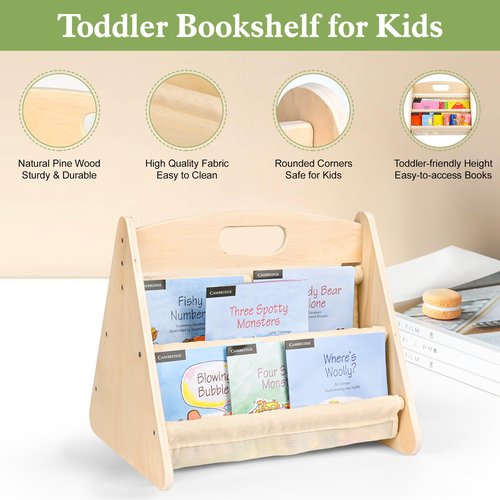 AZSKY Double-Sided Toddler Bookshelf for Kids, Montessori Bookshelf to Display Books, Sling Book Rack Organizer, Playroom Classroom Nursery Book Shelves, Wooden Kid Bookcase for Baby Girl Boy（Beige）