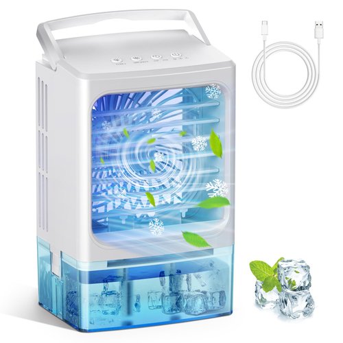 BriteZen Portable Air Conditioners, 3 Wind Speed with Icy Mist Mode Portable AC Unit, 900ML Tank Evaporative Air Cooler Fan Blow Cold Air, Mini Cooling Fan with 2/4H Timer 7 Lights for Bedroom Office