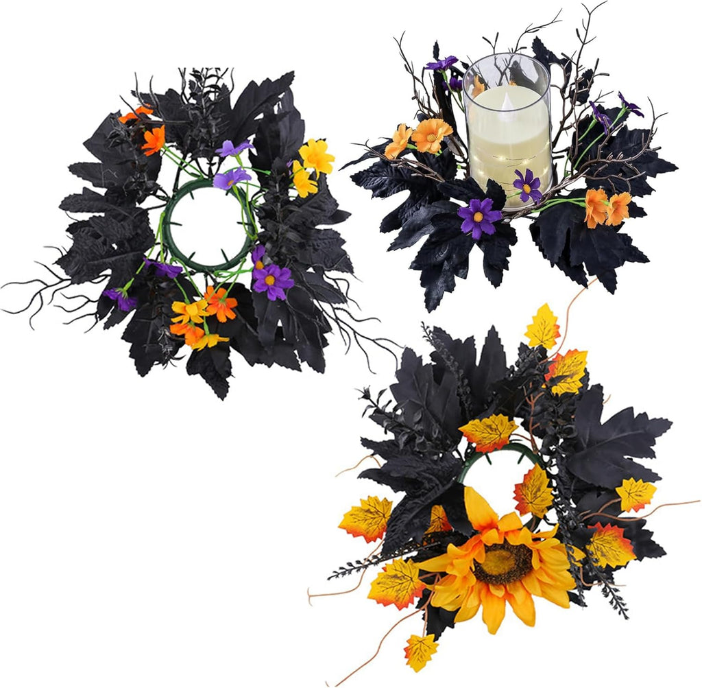 Skiennix Halloween Candle Rings - Artificial Leaves Wreaths for Festive Home Decor | 2 Pack Rose Skull Black