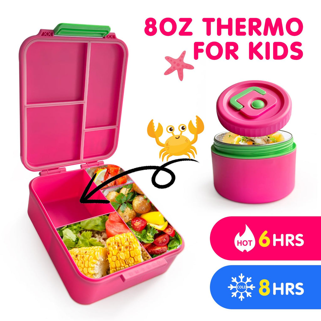 Kidz Bento Lunch Box with Soup Thermo, 4 Compartments Lunch Box Containers Leak proof, Insulated Food Jar for Travel Picnic
