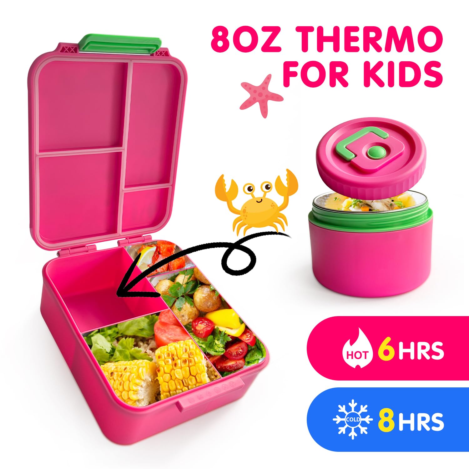 Kidz Bento Lunch Box with Soup Thermo, 4 Compartments Lunch Box Containers Leak proof, Insulated Food Jar for Travel Picnic