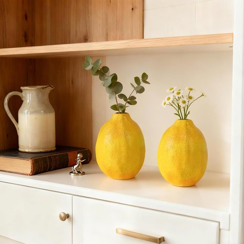 Cynkeyee Unique Lemon-Shaped Vases - Set of 2 Ceramic Fruit Decor for Flowers | 3.5 x 3.5 x 4.5 Inch