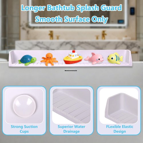 Bathtub Splash Guard for Kids, Long Flexible Silicone Shower Splash Guard with Suction Cups, 2-in-1 Tub Ledge Organizer for Bath Toys & Supplies, Prevents Water Spills, Keeps Floor Dry(Grey)