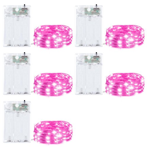 5 Pack Fairy Lights Battery Operated, 7 Feet 20 Led String Lights with Timer, Waterproof Firefly Lights on Silver Wire for Home Party Wedding Christmas Decorations, 6 Hours on/18 Hours Off, Pink