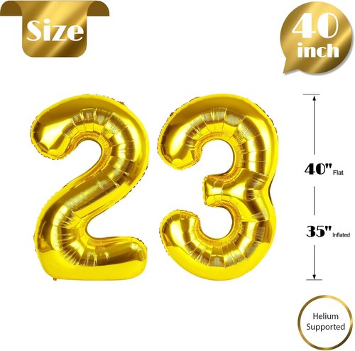Gold Number 23 Balloon - 40 Inch Golden Birthday Decoration for 23rd Celebration | Party Supplies