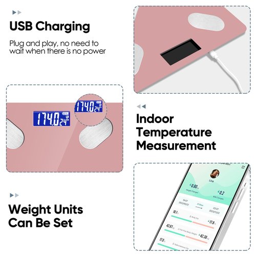 Digital Simple Bathroom Scale, Home Practical Body Fat Scale with Led Display, Body Composition Analyzer with Smartphone Application (Pink)